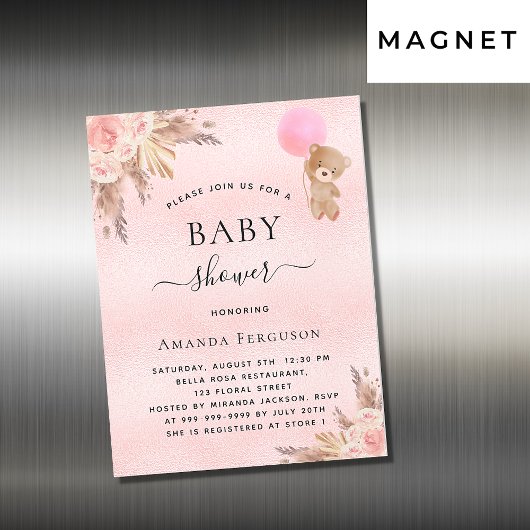 Baby Duschmädchen Pampas Teddy Einladungsmagnet Magnetkarte