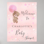 Baby Duschmädchen Teddy Bär pink Silber Empfang Poster (Vorne)