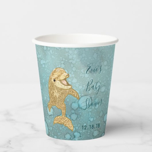 Baby Duschpapier Cups "Gold Dolphin Baby " 8 oz. Pappbecher (Vorderseite)