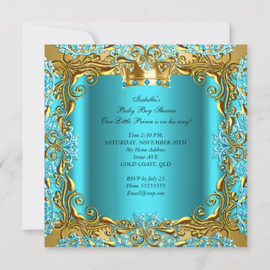 Baby Duschprinz auf dem Weg Gold Aquamarin Aqua Einladung (Rückseite)