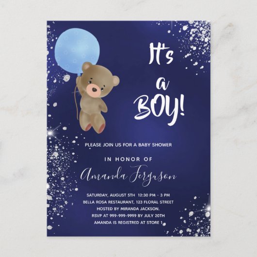Baby Duschteddy Bärenjunge Blau Glitzer Einladungspostkarte (Vorderseite)