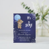 Baby Duschteddy Bärenjunge Blau Glitzer Einladungspostkarte (Stehend Vorderseite)