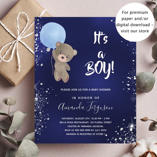 Baby Duschteddy Bärenjunge Blau Glitzer Einladungspostkarte