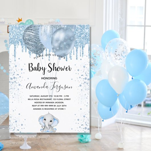 Baby Duwer Blue Glitzer Elefantenballons Einladungspostkarte