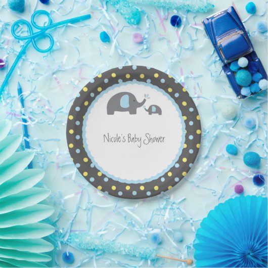 Baby Duwer Elephants Blue Gray & Yellow Pappteller (Party)