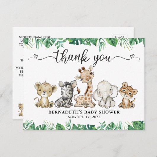 Baby Duwer Floral Safari Tiere Danke Postkarte (Vorne/Hinten)