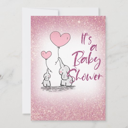 Baby Duwer Girl Pink Gradient Glitzer Elefanten Einladung (Vorderseite)