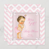 Baby Duwer Girl Pink Pearl Weiß Zickzack Brünett Einladung (Vorne/Hinten)