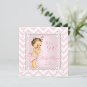 Baby Duwer Girl Pink Pearl Weiß Zickzack Brünett Einladung (Stehend Vorderseite)