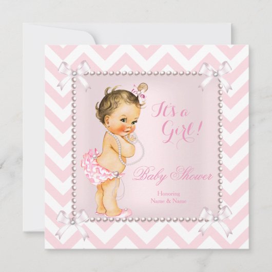 Baby Duwer Girl Pink Pearl Weiß Zickzack Brünett Einladung (Vorderseite)