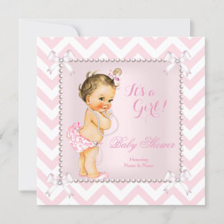 Baby Duwer Girl Pink Pearl Weiß Zickzack Brünett Einladung