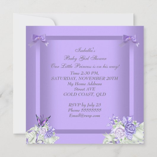 Baby Duwer Girl Princess Carriage Lavendel Einladung (Rückseite)