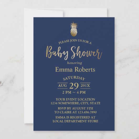 Baby Duwer Gold Ananas Elegant Navy Blue Einladung (Vorderseite)