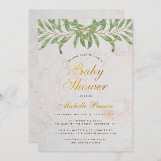 Baby Duwer Greenery Elegant Script Gender Neutral Einladung (Vorne/Hinten)