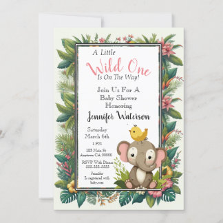 Baby Duwer Jungle Floral Frame Elephant Einladung