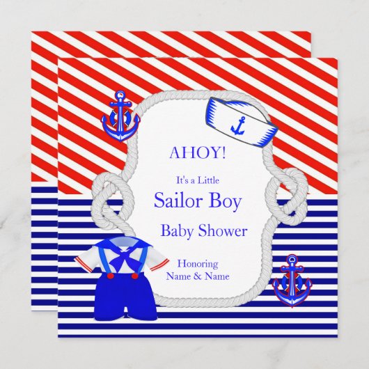 Baby Duwer Sailor Anzug Boy Red Royal Blue Stripe Einladung (Vorne/Hinten)