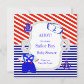 Baby Duwer Sailor Anzug Boy Red Royal Blue Stripe Einladung (Vorderseite)