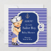 Baby Duwer Sailor Boy Blue Stripe Blonde Einladung (Vorderseite)
