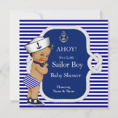 Baby Duwer Sailor Boy Blue Stripe Brünett Einladung (Vorderseite)