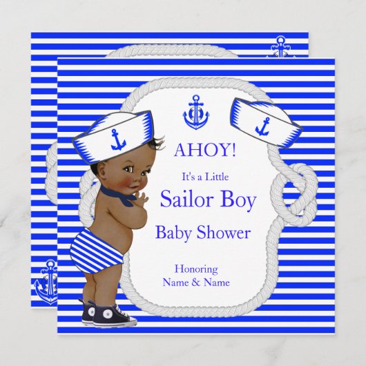 Baby Duwer Sailor Boy Royal Blue Stripe Ethnic Einladung (Vorne/Hinten)