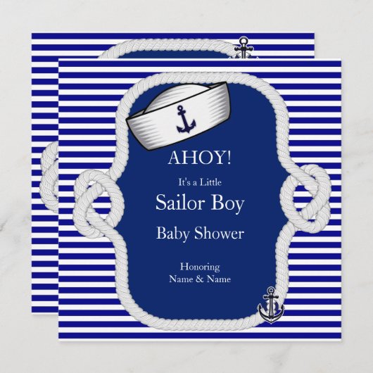 Baby Duwer Sailor Hat Boy Blue Stripe Einladung (Vorne/Hinten)