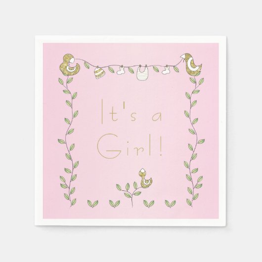 Baby Duwer Standard Napkin PINK "Gold Birds" Serviette (Vorderseite)