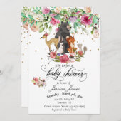 Baby Duwer Woodland Tiere Floral Pink Girl Einladung (Vorne/Hinten)
