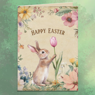 Baby Easter Bunny with Pink Tulip Vintage Floral  Karte