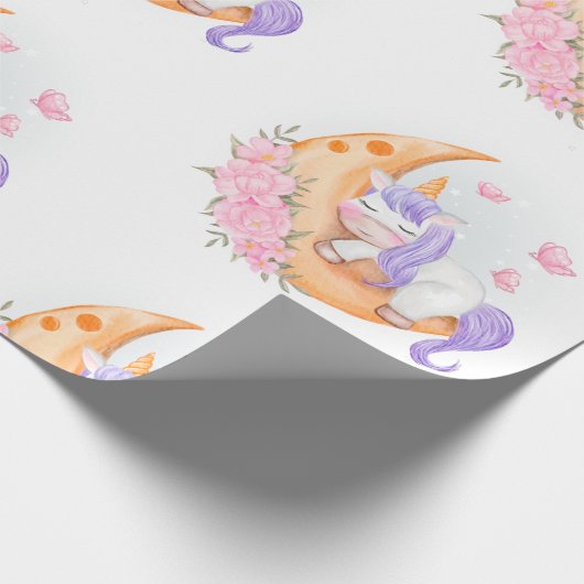 Baby einhorcht über den Mond mit Blume Wrapping Pa Geschenkpapier (Ecke)