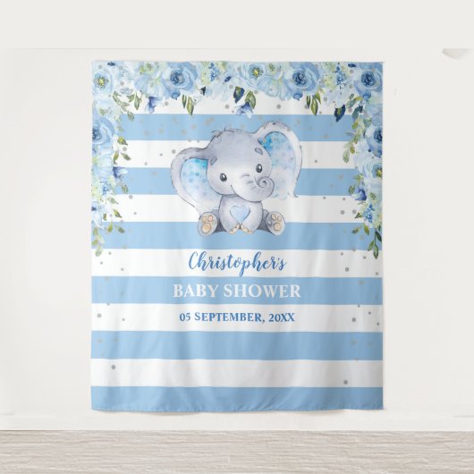 Baby Elefant blus floral silber Baby Dusche Wandteppich (Vorderseite)