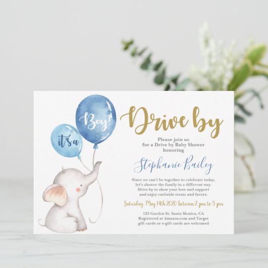 Baby Elefant Drive by Baby Shower Junge Einladung (Stehend Vorderseite)