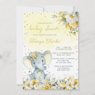 Baby-Elefant & gelbe Blumen Mädchen-Baby-Party. Einladung