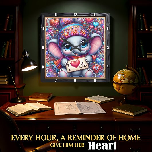 Baby Elefant Ich liebe dich Quadratische Wanduhr