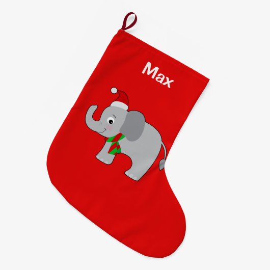 Baby-Elefant in der Weihnachtsmannmütze und im Großer Weihnachtsstrumpf (Vorderansicht (hängend))
