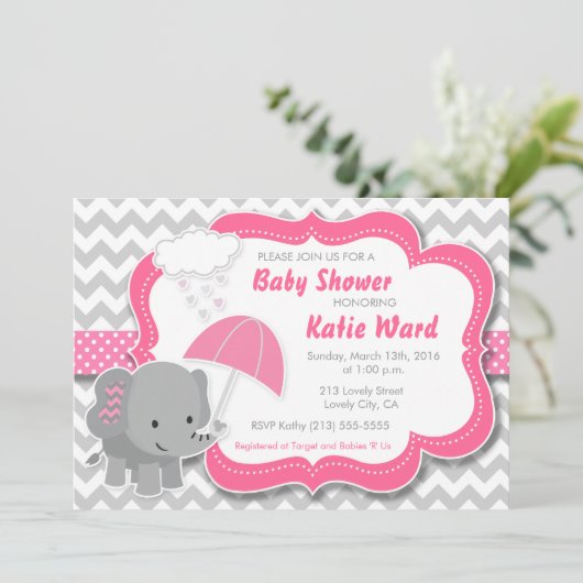 Baby-Elefant-Mädchen-Babyparty-Rosa-Einladung Einladung (Stehend Vorderseite)