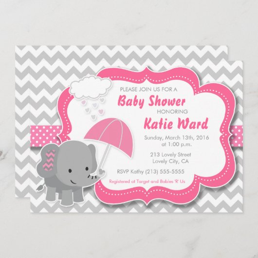 Baby-Elefant-Mädchen-Babyparty-Rosa-Einladung Einladung (Vorne/Hinten)
