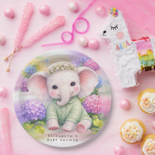 Baby-Elefant mit Hortensien Baby Shower Pappteller