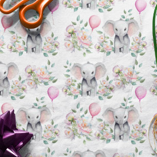 Baby-Elefant mit Pfingstrosen und Ballon-Baby-Part Seidenpapier