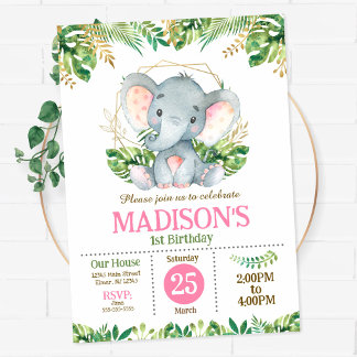 Baby Elefant Safari Dschungel Party 1. Geburtstag Einladung