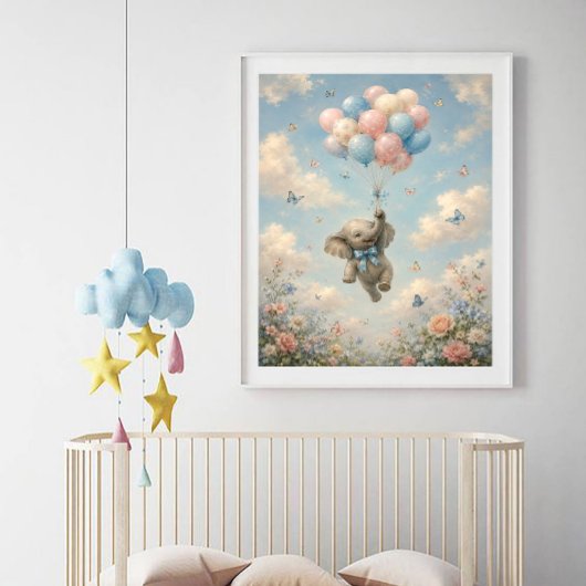Baby-Elefant schwebt mit Luftballons Poster