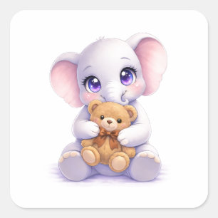Baby-Elefant umarmt Teddybär Quadrat-Aufkleber Quadratischer Aufkleber