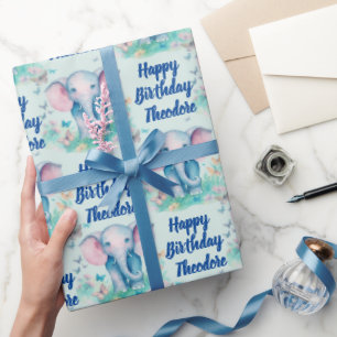 Baby-Elefanten-Jungen Personalisierter Geburtstag Geschenkpapier