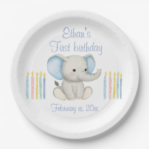 Baby Elephant 1. Geburtstag Blue Watercolor Pappteller
