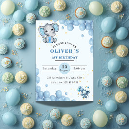 Baby Elephant 1st Birthday Invitation Boy Blue Einladung