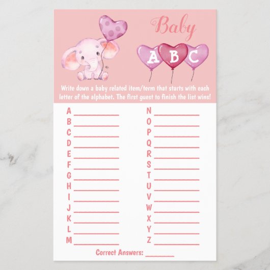Baby Elephant ABC Baby Shower Game Card Flyer (Vorne)