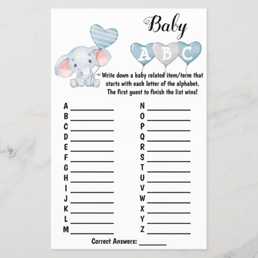 Baby Elephant ABC Baby Shower Game Card Flyer (Vorne)