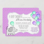 Baby Elephant and Balloons Magenta Baby Shower Einladung (Vorne/Hinten)