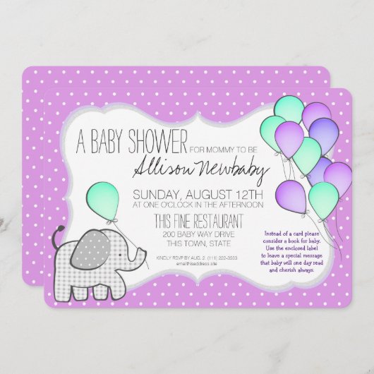 Baby Elephant and Balloons Magenta Baby Shower Einladung (Vorne/Hinten)