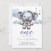 Baby Elephant Astronaut 1. Geburtstag Einladung (Vorderseite)