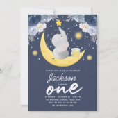 Baby Elephant auf Mond Erster Geburtstag Einladung (Vorderseite)
